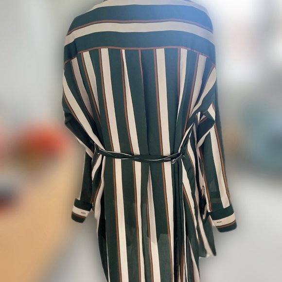 Vera Mode Long Sleeve Green Striped Satin Effect Mid Length Blouse - Picture 3 of 8